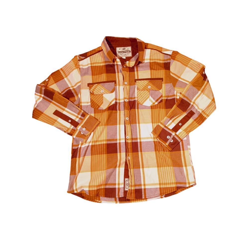 Evolution Design Shirt Button Down Plaid Long Sleeve Men’s Patches